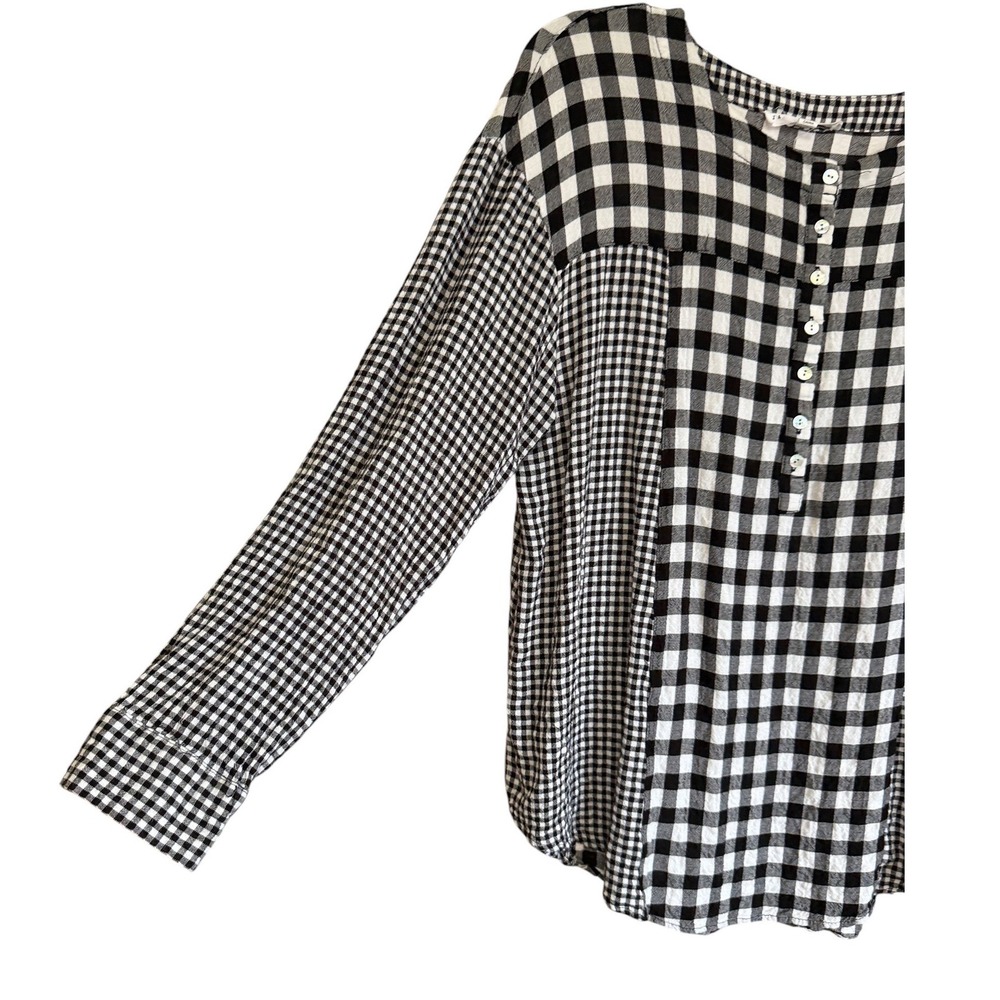 Jane + Delancey Womens Gingham Checkered Henley Blouse Black White Large - Picture 3 of 10